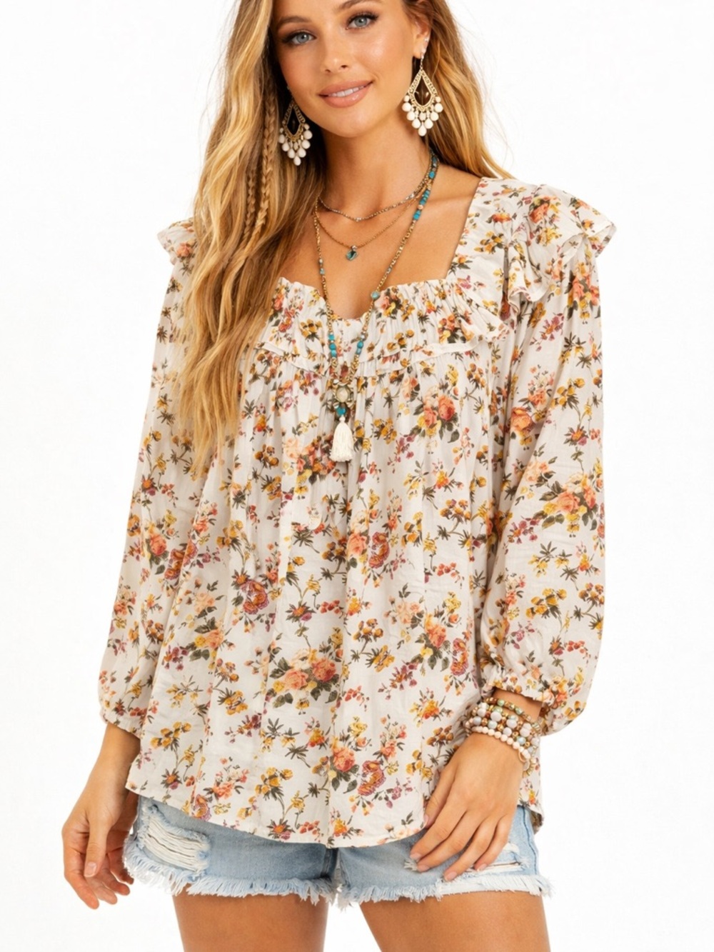 EUC Entro Size Medium Floral Ruffle Women's Boho Top